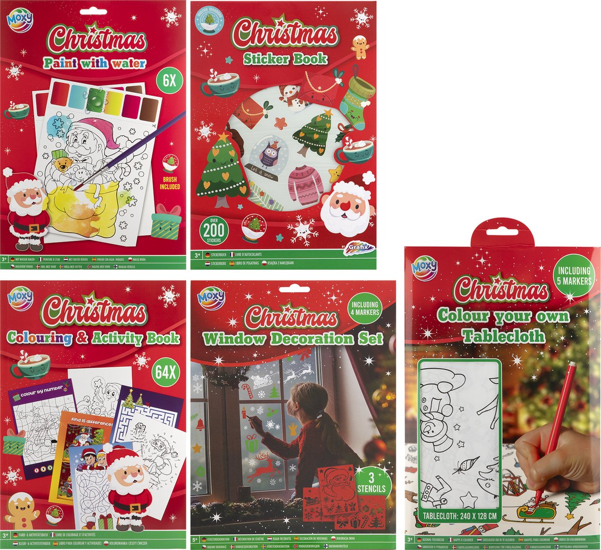 Moxy Kerst Tekendoos - Compleet Creatief Knutselpakket voor Kinderen - Inclusief Doeboek, Activiteitenboek, Kleurboek, Waterverf Tekeningen, Stickerboek, Raamdecoratie en Tafelkleed - Geschikt voor Kinderen vanaf 3 jaar