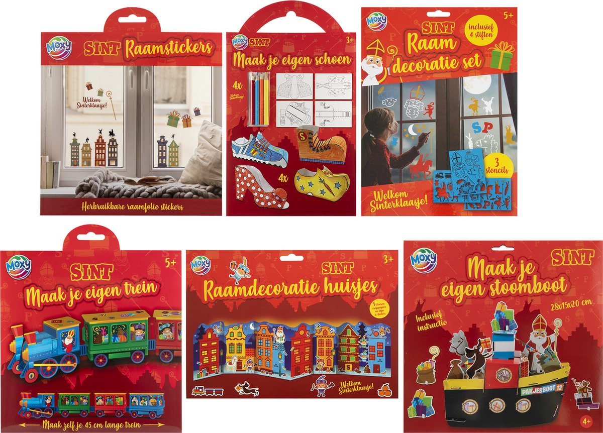 Moxy Sinterklaas Knutselpakket - Compleet Creatief Knutselpakket voor Kinderen - Versier je huis in Sinterklaas Thema - Inclusief Raamstickers, Stoomboot, Trein en meer - Geschikt voor Kinderen vanaf 3 jaar
