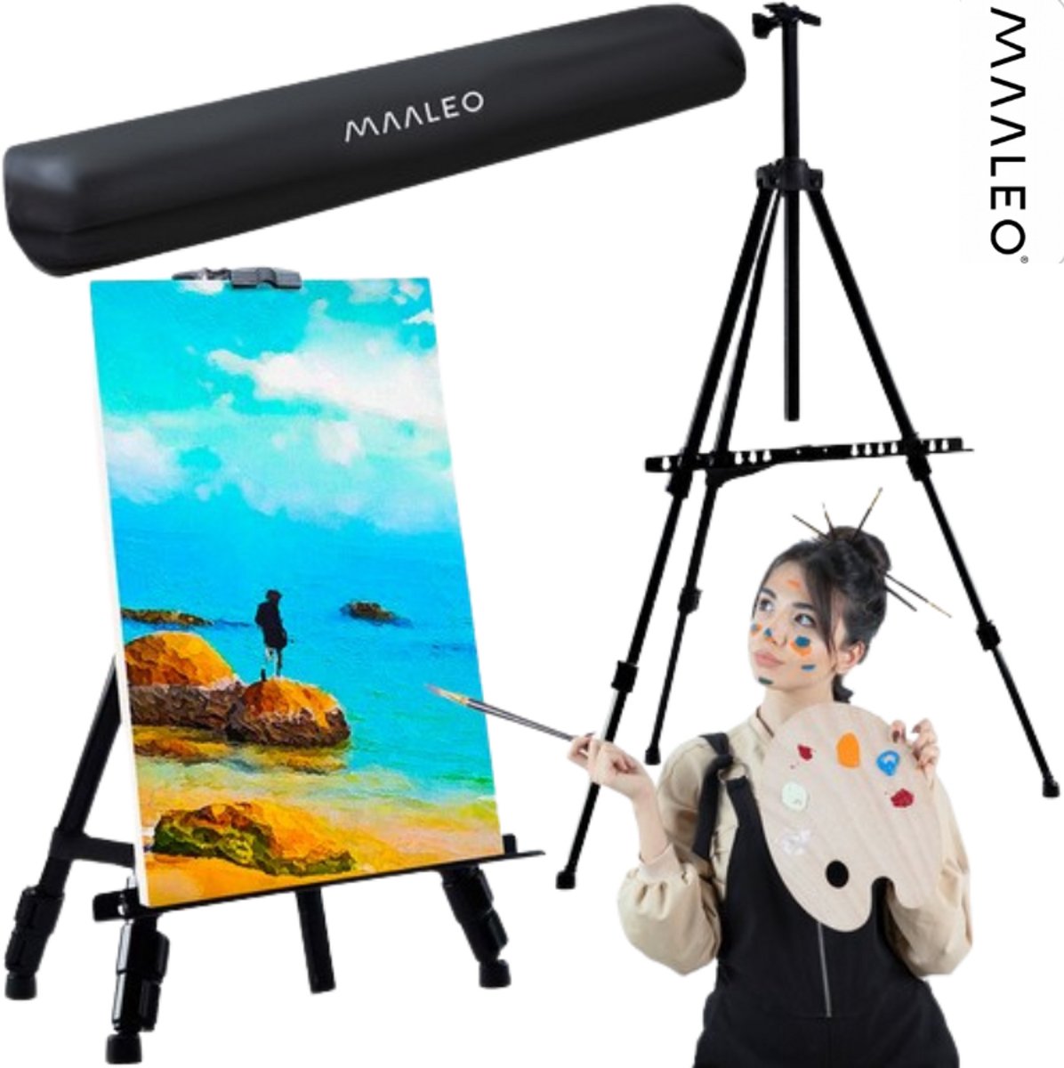 Maaleo - Verstelbare Metalen Schildersezel – Lichtgewicht en Inklapbaar – Incl. Draaghoes – 77-160 cm – Zwart – Voor Binnen en Buiten - Schildersezel - Schilderen - Inclusief Gratis E-Book