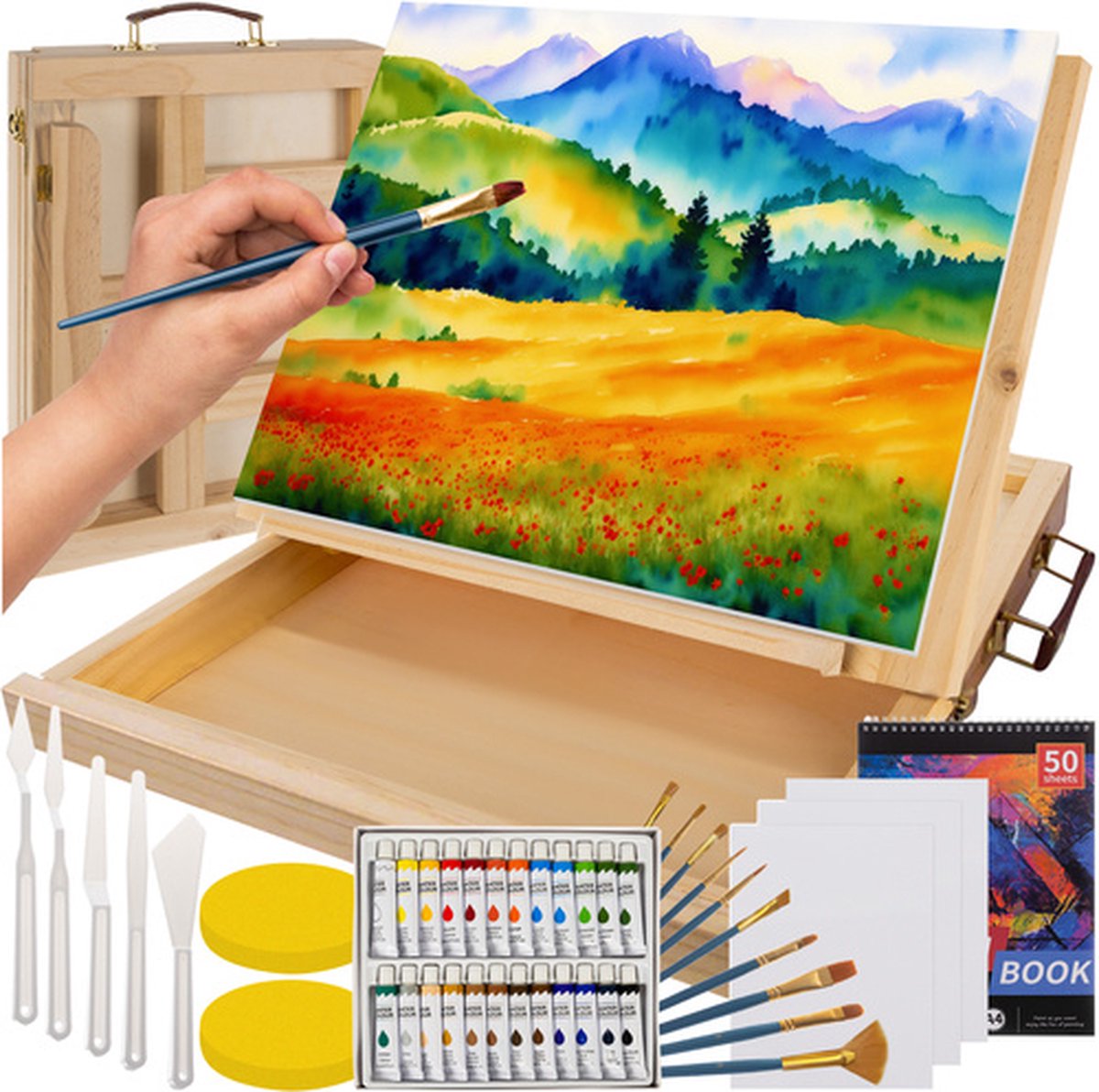 Maaleo Schilderkit in Houten Koffer – 45-delige Complete Kunstenaarsset