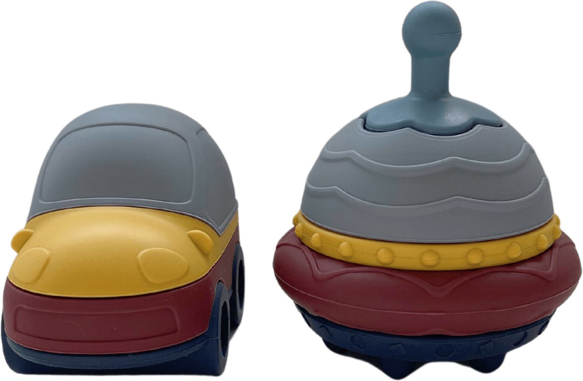 Mabebi - Ufo en auto speelset - Baby speelgoed - Stapelspeelgoed - Badspeelgoed - Silicone Speelgoed - Cadeau idee - Blauw Geel