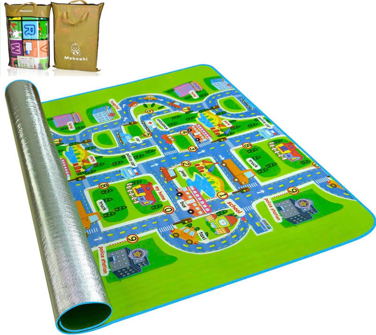 Maboshi Spel mat - 200x160cm - in vrolijke kleuren - Stadsplattegrond - babywandelpad kruippad - geschikt voor kinderens kruipdeken - yoga mat - picknickdeken en sportmat-beschermen tegen vocht-Cadeautjes voor kinderen