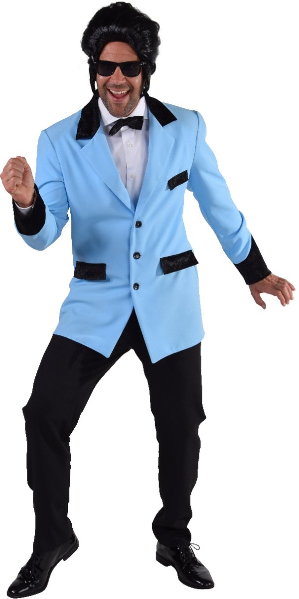 Rock n Roll jasje blauw - Turquoise jaren 50 colbert met zwart boorden. Maat L (54-56)