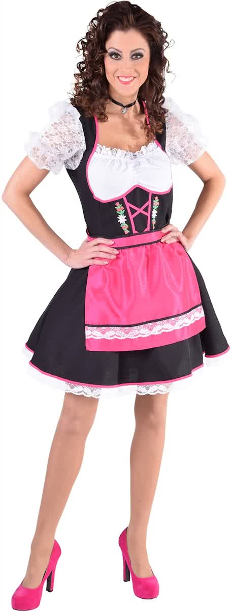 Zwarte dirndl jurk met roze schort en edelweiss - Oktoberfest kleding dames maat 38/40 (M)