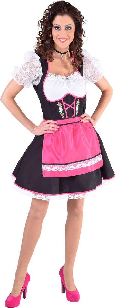 Zwarte dirndl jurk met roze schort en edelweiss - Oktoberfest kleding dames maat 42/44 (L)