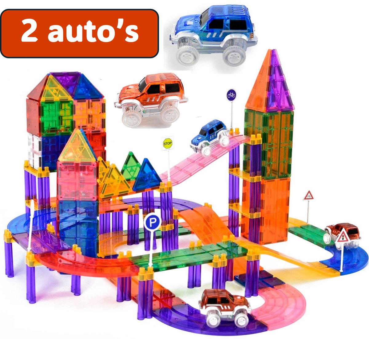 Magna Minds - Magnetic Tiles racebaan - Zelfrijdende auto - Magnetisch Speelgoed – 122 stuks - Constructie speelgoed - Magnetische tegels - Montessori speelgoed - Magnetic toys - Magnetische bouwstenen - Speelgoed Kinderen