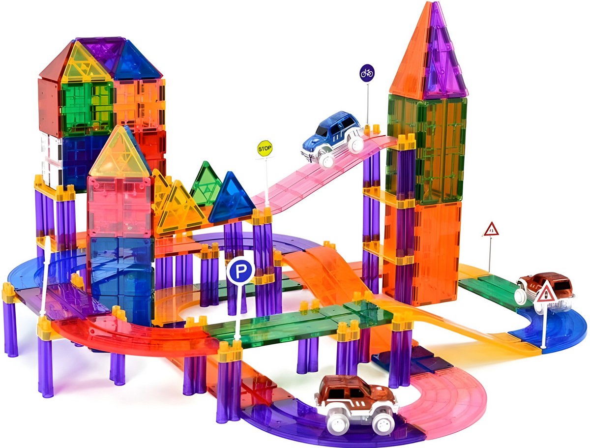 Magna Minds - Magnetic Tiles racebaan - Zelfrijdende auto - Magnetisch Speelgoed – 78 stuks - Constructie speelgoed - Magnetische tegels - Montessori speelgoed - Magnetic toys - Magnetische bouwstenen - Speelgoed Kinderen