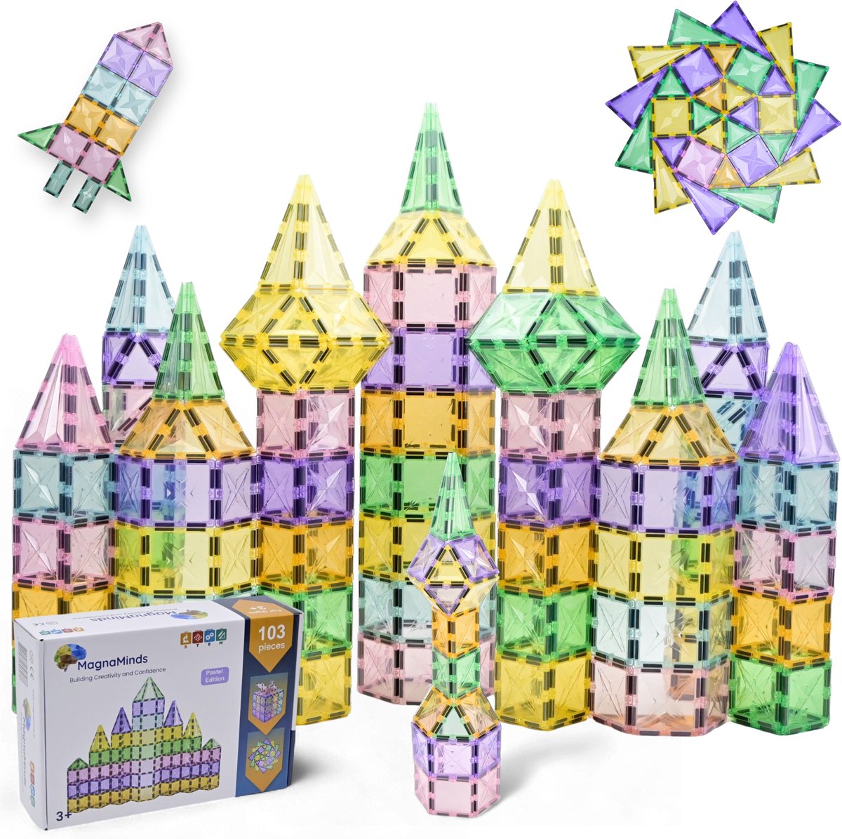 Magna Minds - Star Pastel - Magnetic Tiles- Magnetisch Speelgoed – 103 stuks - Constructie speelgoed - Magnetische tegels - Montessori speelgoed - Magnetic toys - Magnetische bouwstenen - Speelgoed Kinderen