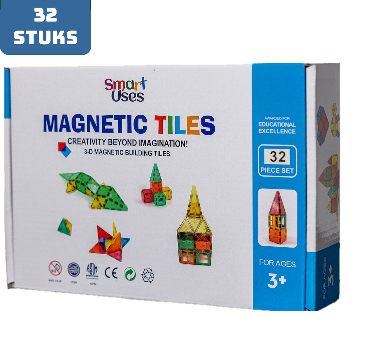 Magnetic Tiles - Magnaminds - Magna tiles - Magnetisch Speelgoed – 32 stuks - Constructie speelgoed - Magnetische tegels - Montessori speelgoed - Magnetic toys - Magnetische bouwstenen - Speelgoed 3-12 jaar - Magnetische Bouwblokken