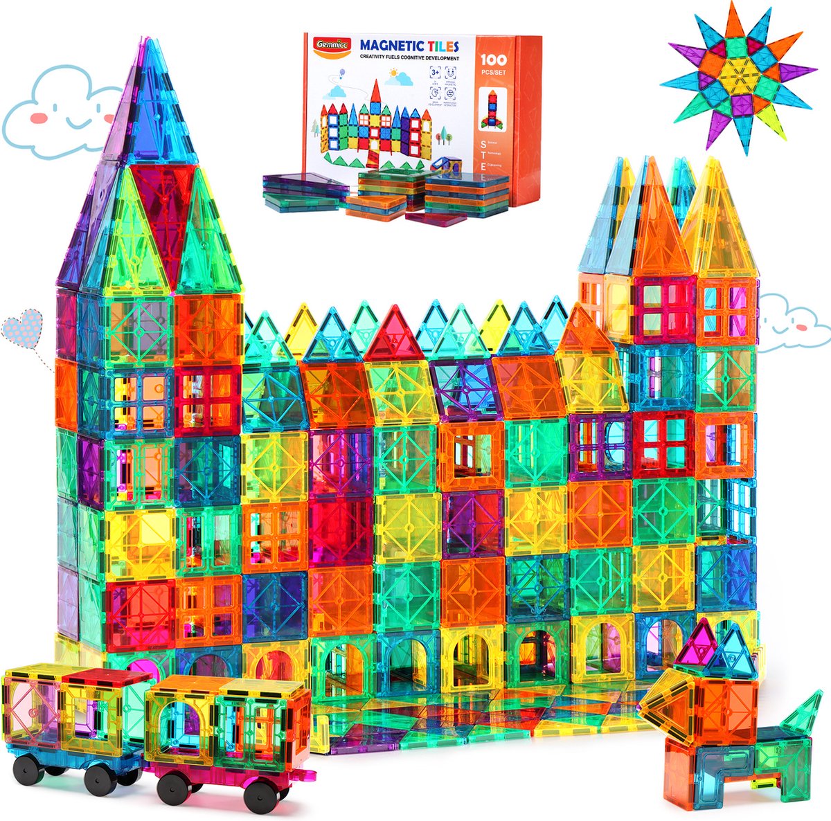 Gemmicc - Magnetische tegels - 163 stuks - Magnetisch speelgoed - Magnetic toys - Open-ended - Montessori - Magnetic tiles - Bouw je Magne wereld - Magneet speelgoed - Combineer met Duplo