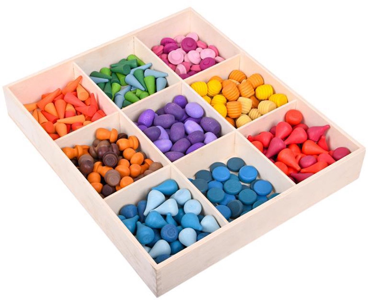 Magneetfeest - Loose parts - 324 stuks - Houten mandela figuren - Regenboogkleuren - Open einde speelgoed - Educatief montessori speelgoed - Grapat style - Grimms style - Sorteerbak