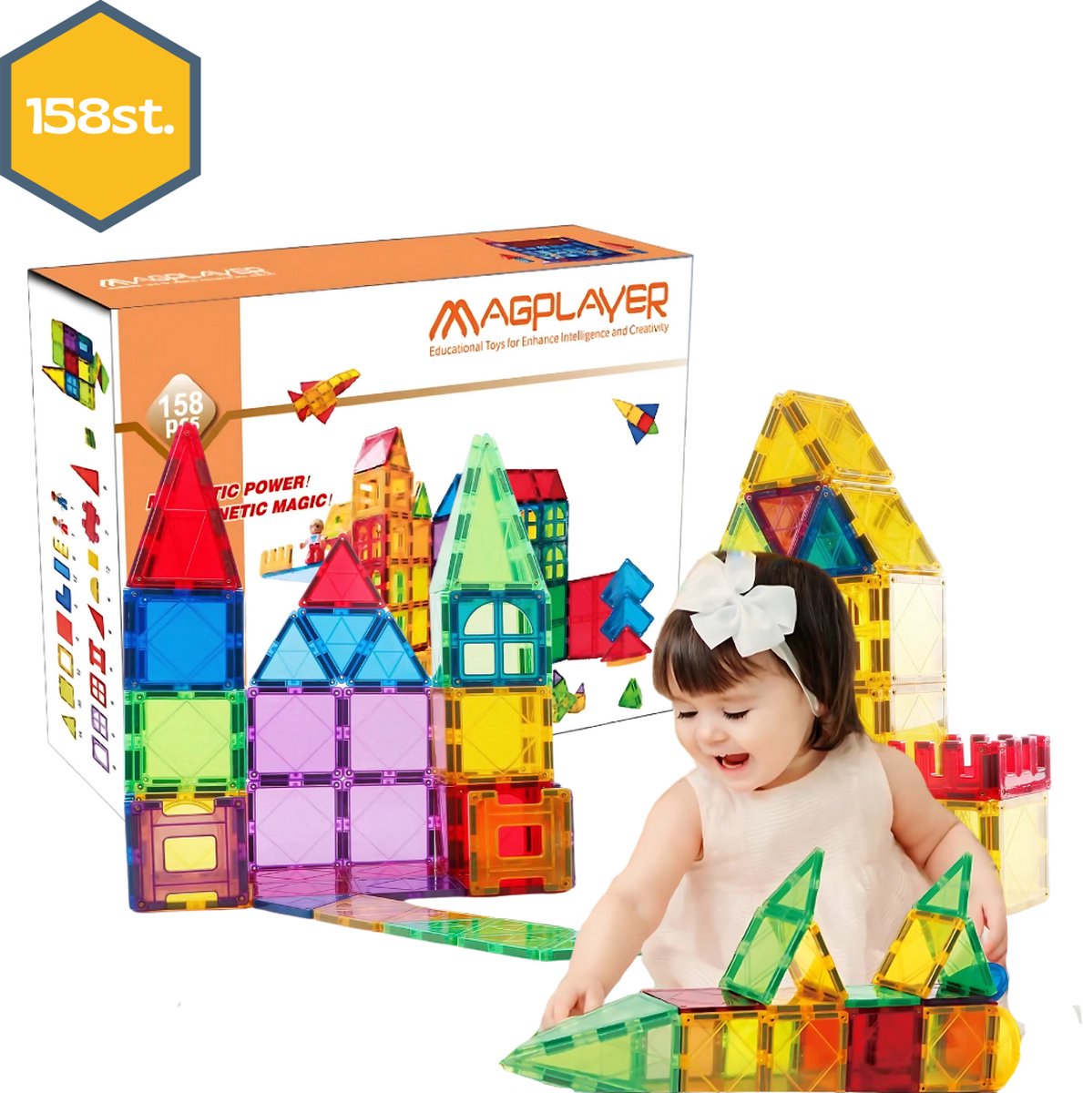 MAGPLAYER- Magnetisch Speelgoed – 158 stuks - Constructie speelgoed - Magnetische tegels - Montessori speelgoed - Magnetic toys - Magnetische bouwstenen - Speelgoed Kinderen