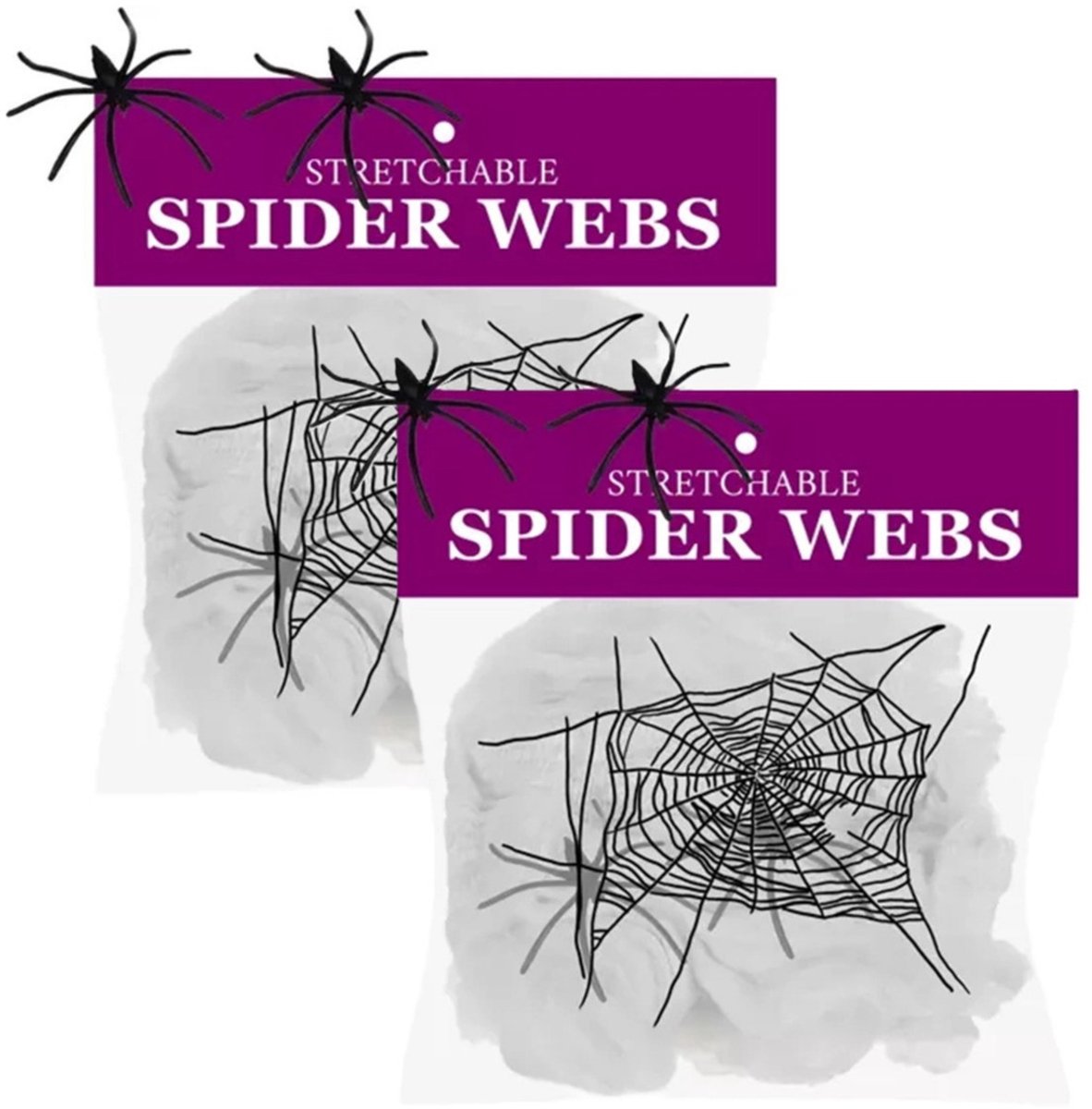 Malatec Decoratie spinnenweb/spinrag met spinnen - 2x - 60 gram - wit - Halloween/horror versiering