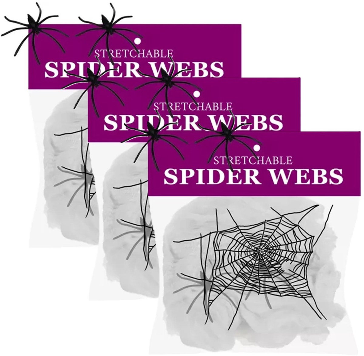 Malatec Decoratie spinnenweb/spinrag met spinnen - 3x - 60 gram - wit - Halloween/horror versiering