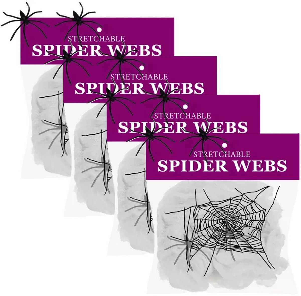 Malatec Decoratie spinnenweb/spinrag met spinnen - 4x - 60 gram - wit - Halloween/horror versiering