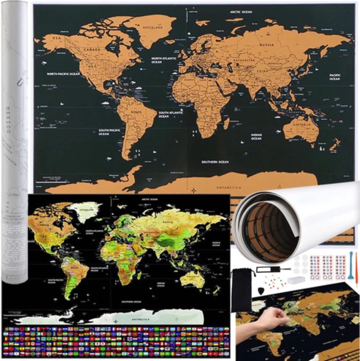 Malatec Wereldkaart Krasposter met Vlaggen en Accessoires - Perfect voor Reizigers