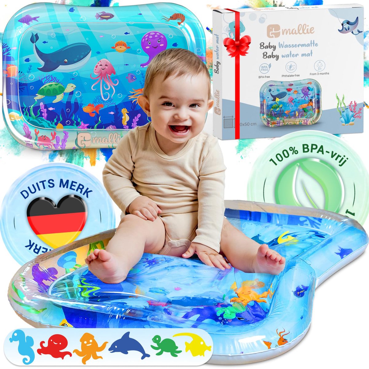 Mallie® Blauw Watermat Baby BPA-vrij 66 x 50 cm I Perfect tummy time speelgoed voor buikligging – Waterspeelmat baby, babymat, water speelmat voor baby vanaf 3 maanden, Waterspeelgoed
