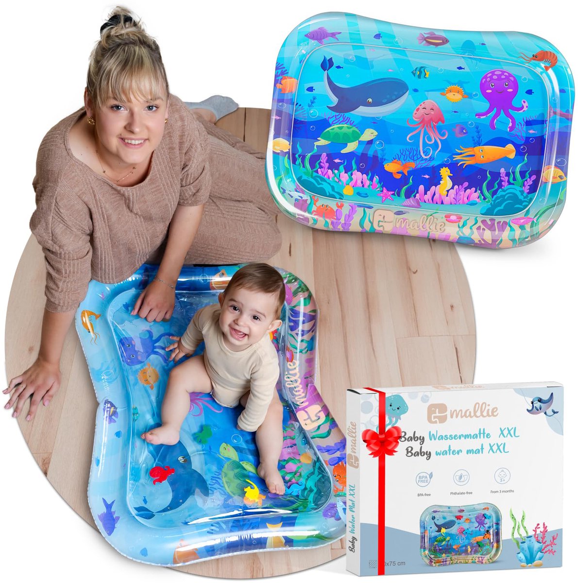 Mallie® Blauw Watermat XXL Baby BPA-vrij 95 x 75 cm I Perfect tummy time speelgoed voor buikligging – Waterspeelmat baby, babymat, water speelmat voor baby vanaf 3 maanden, Waterspeelgoed