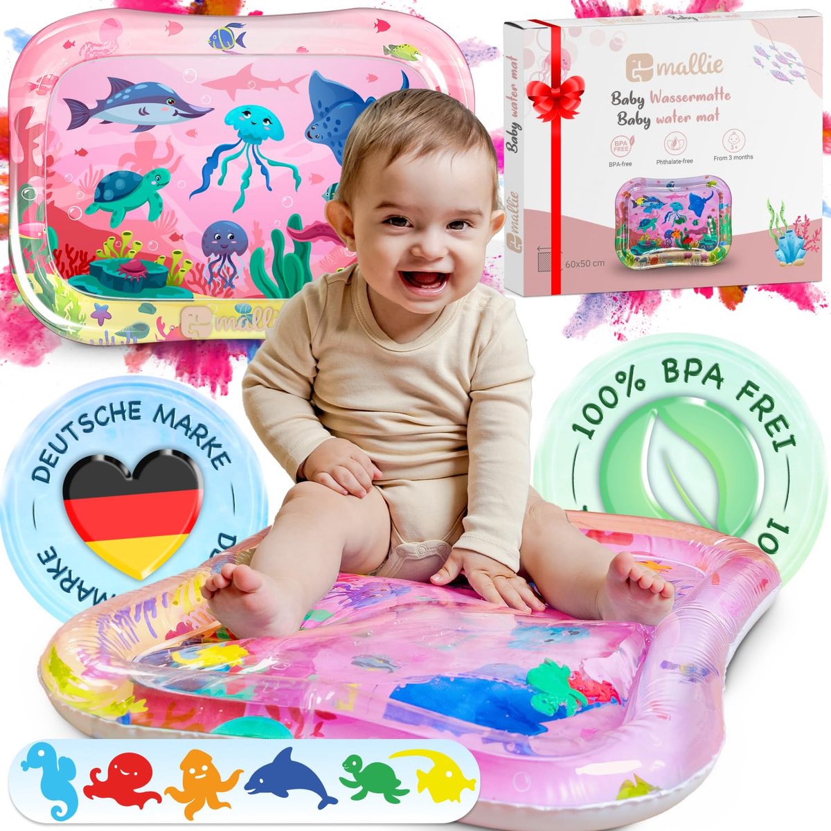 Mallie® Roze Violette Watermat Baby BPA-vrij 66 x 50 cm I Perfect tummy time speelgoed voor buikligging – Waterspeelmat baby, babymat, water speelmat voor baby vanaf 3 maanden, Waterspeelgoed