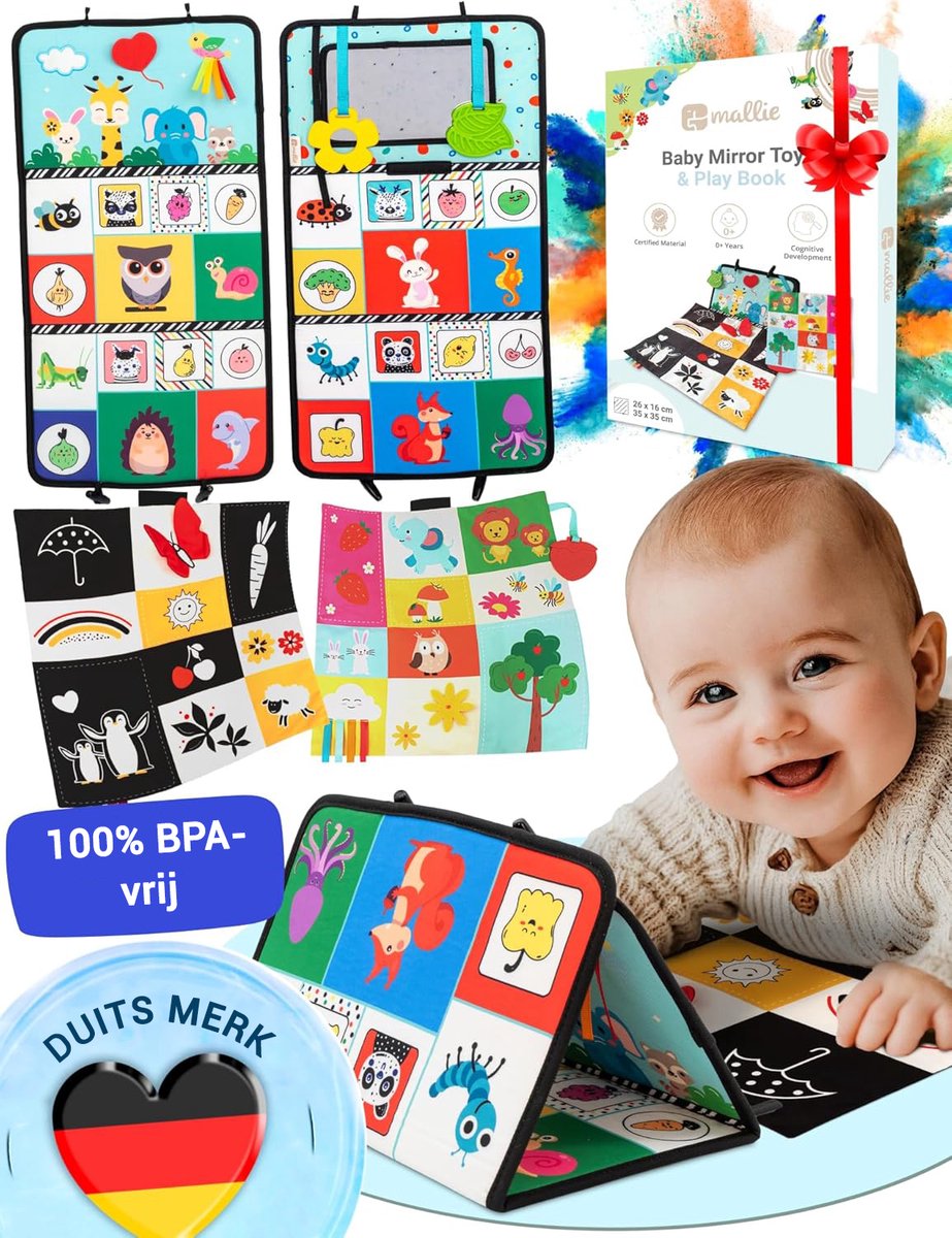 Mallie® Sensorisch Baby Spiegel Speelgoed met Buikligging Knisperboek I Babyspeelgoed vanaf 0, 3, 6 maanden I Baby Mirror Toy met Zwart-Wit Contrastpatroon I Tummy Time Speelgoed knisperboekje, Knisperspeelgoed Baby