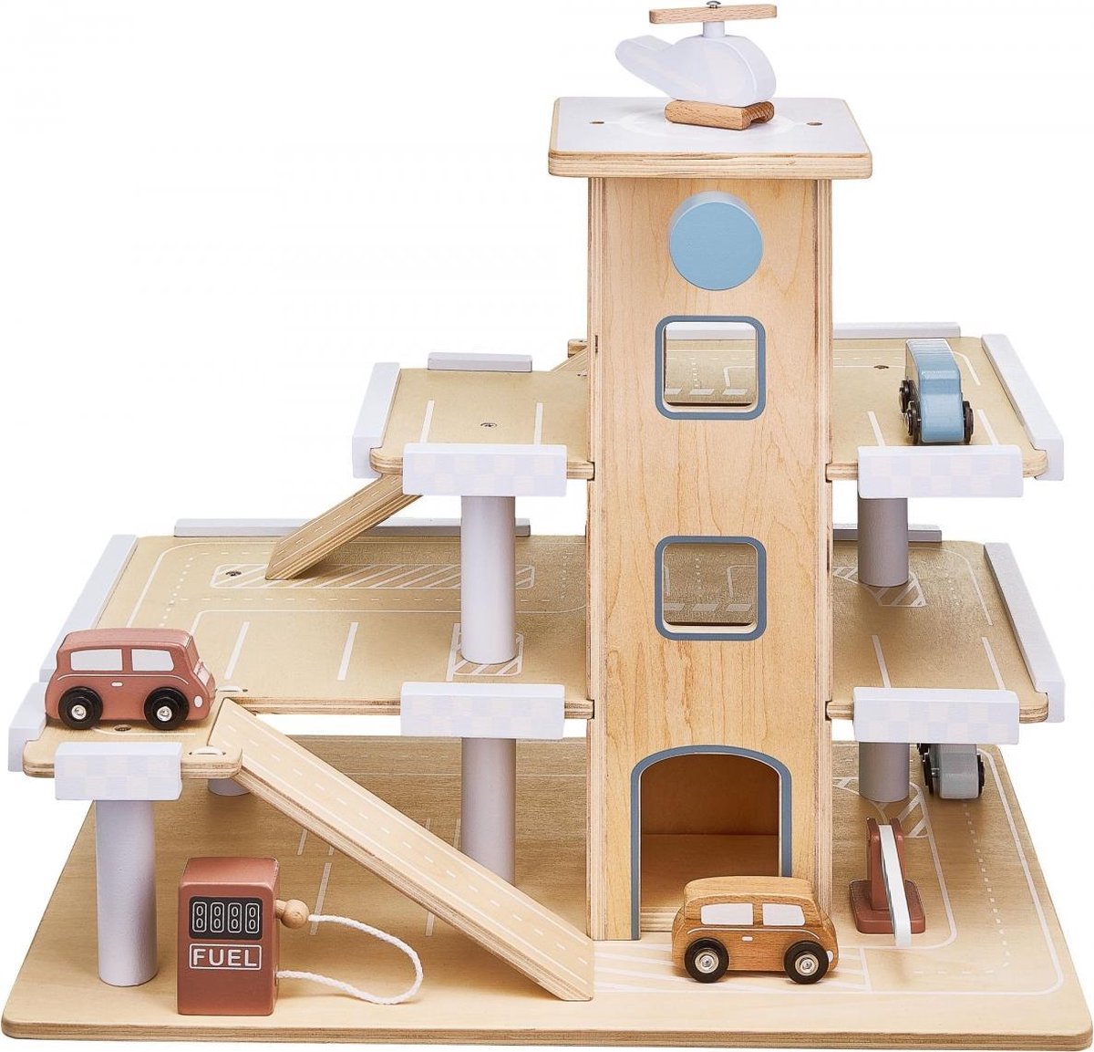 Mamabrum Houten Garage Speelgoed drie Verdiepingen met Lift - Autos en Helikopter