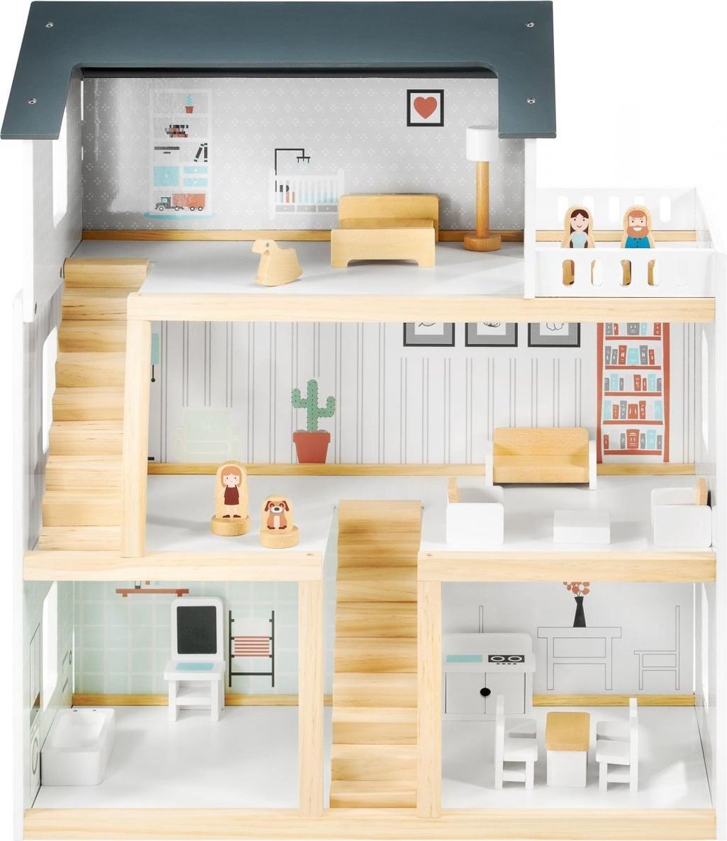 Mamabrum Houten Poppenhuis met Meubels - Wit - Hout