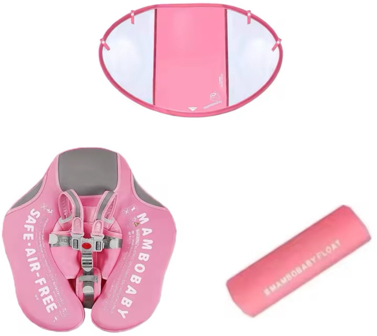 Mambobaby - compleet roze - zonnescherm en voetensteun - Baby drijfband met schaduwscherm - Baby float - Zwemtrainer - Niet opblaasbaar - Roze