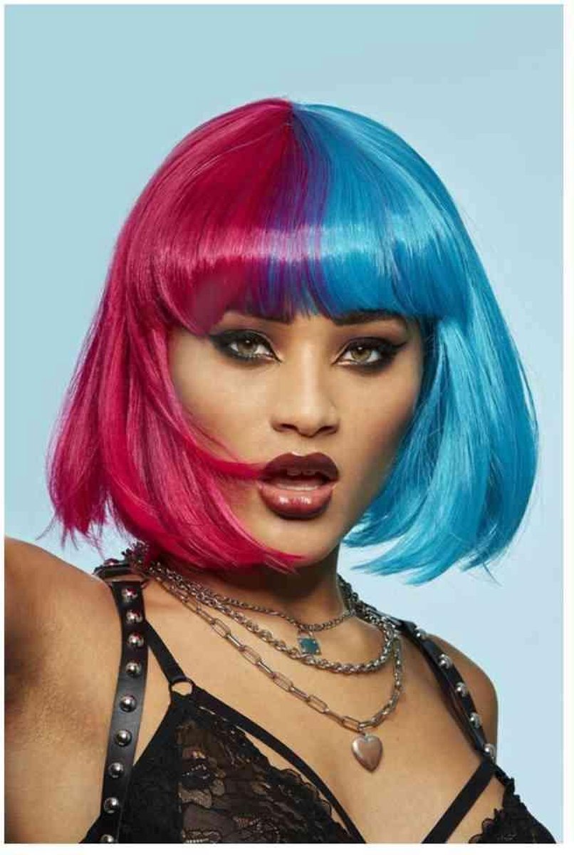   Pruik Blue Valentine Glam Doll Blauw/Rood