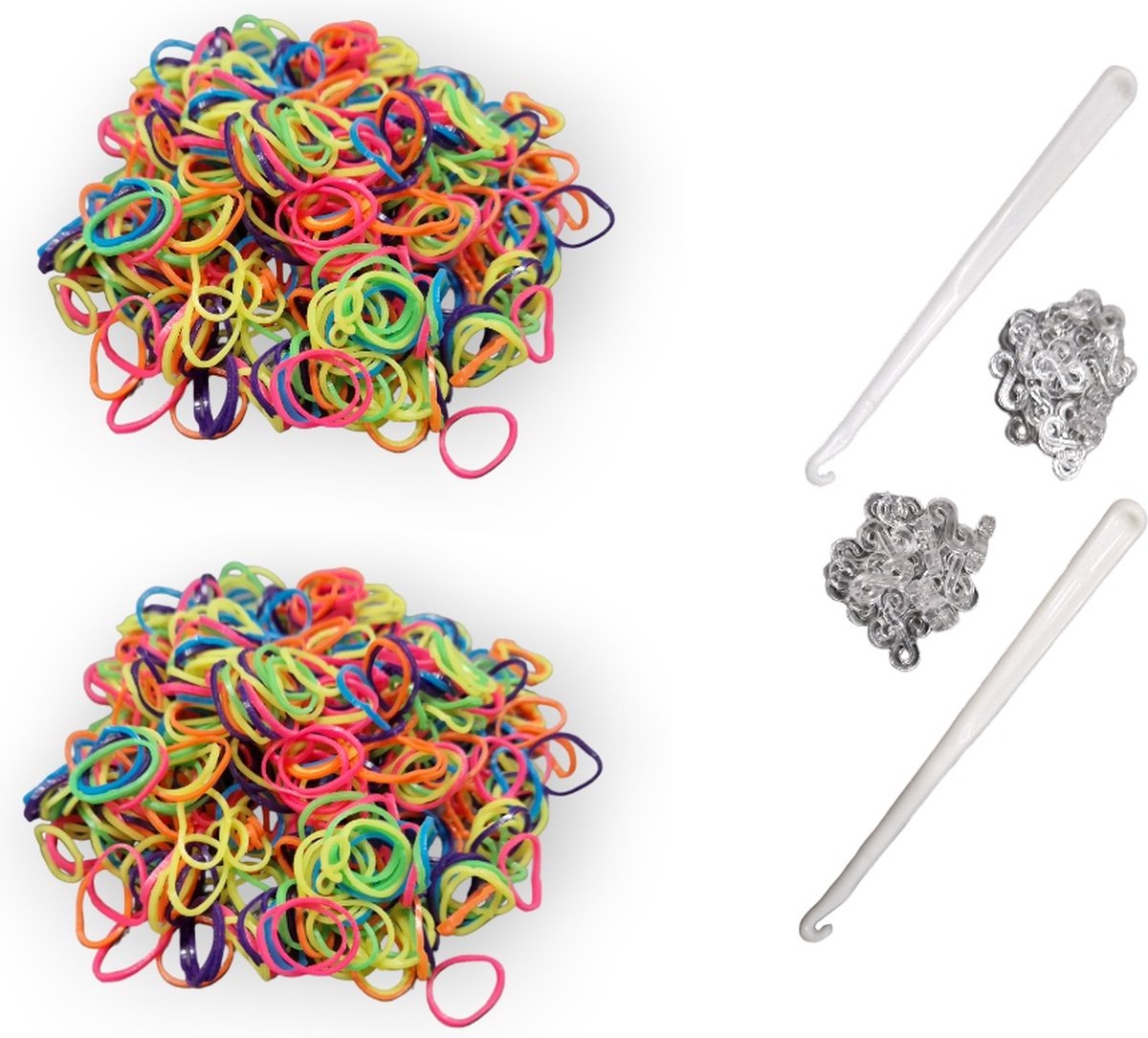 Loombandjes neon – Kleurenmix – 1.200 elastiekjes – Met 2 weefhaken & S-clips