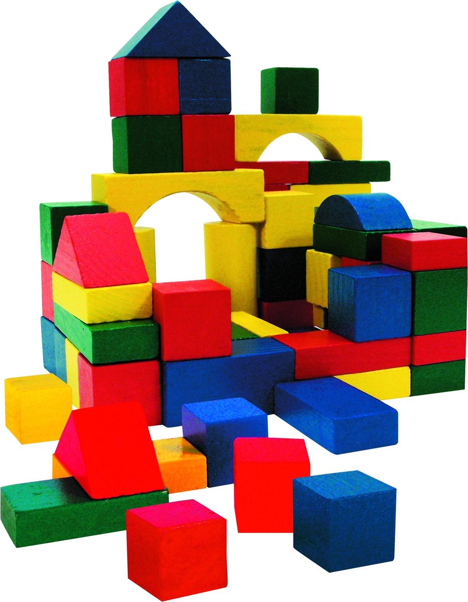 Marionette Wooden Toys Houten Blokken - 100 Stuks - in Opbergton - Rood/ Geel/ Groen/ Blauw