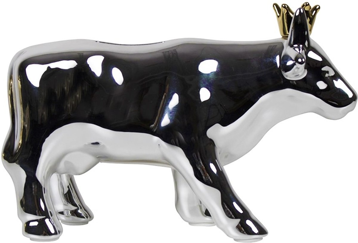 Zilverkleurige Spaarpot Koe met Kroon (18 cm)