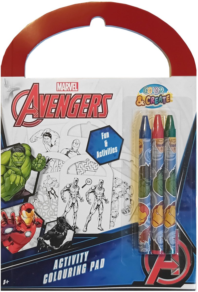 Marvel Avengers - Mini activiteiten boek - 5 kleurplaten - 5 puzzels - 10 blanco paginas - 3 waskrijtjes in rood, groen en blauw - 3+ - knutselen - superheld