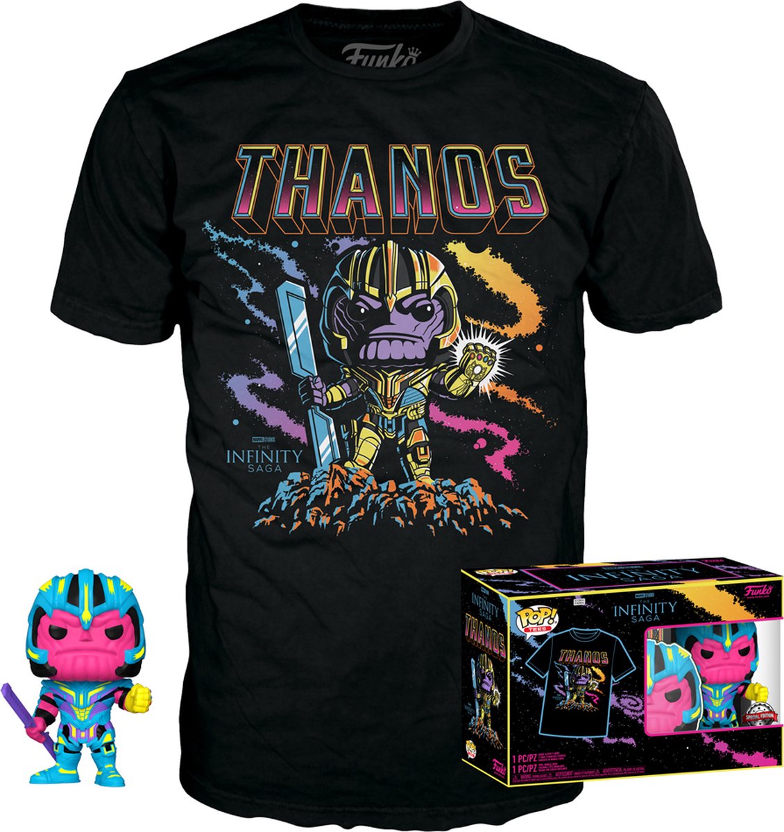 Funko The Avengers Verzamelfiguur & Tshirt Set -S- Marvel POP! & Tee Box Thanos Blacklight Zwart