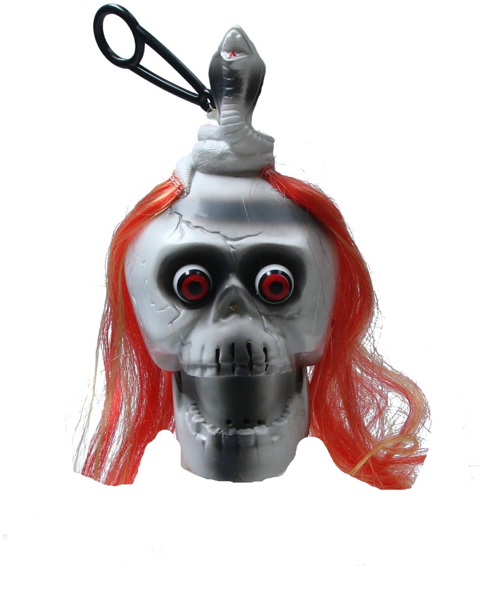 Halloween hangdecoratie pop - Horror decoratie doodskop - hangend - 17 cm - Oranje haar