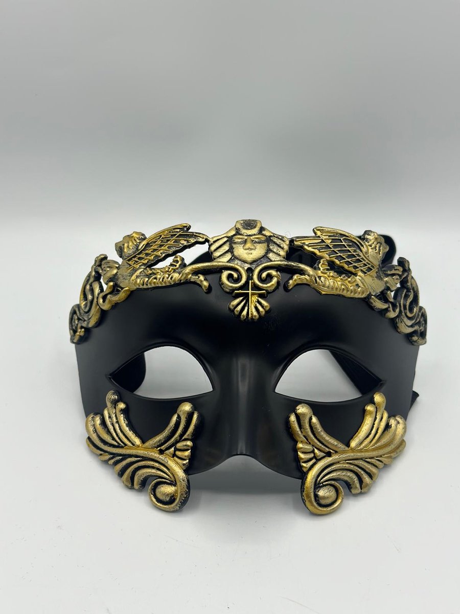Venetiaans masker voor mannen in zwart met goud - Feest Masker voor mannen met bril en zonder bril- Masker voor brildragers - Gala Masker in de Grieks Romeinse stijl - Venetiaans masker heren - Gemaskerd bal maskers - Oogmasker carnaval
