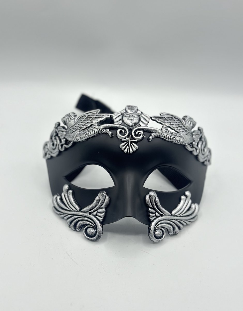 Venetiaans masker voor mannen in zwart met zilver - Feest Masker voor mannen met bril en zonder bril- Masker voor brildragers - Gala Masker in de Grieks Romeinse stijl