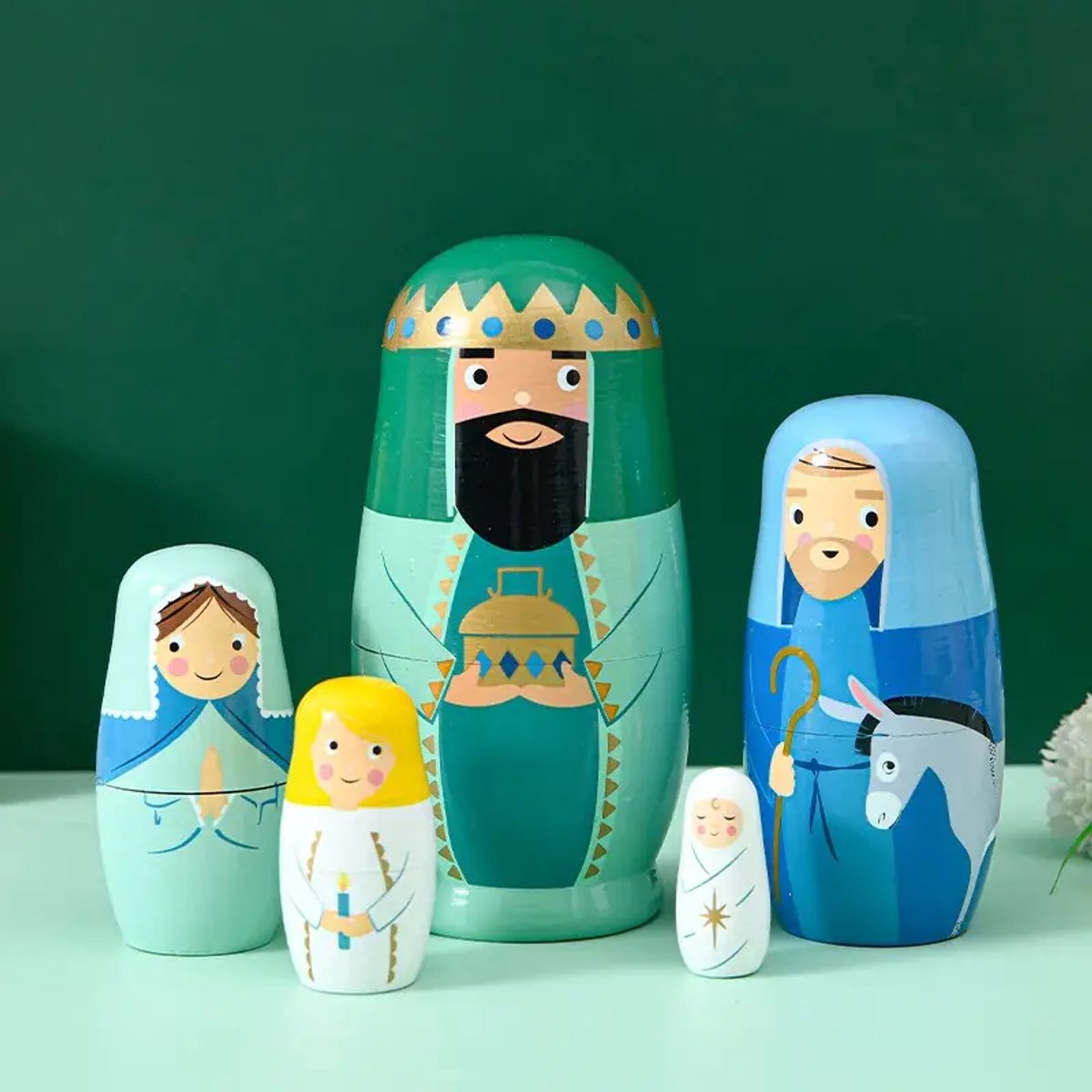 MatroesjkaFamily® Matroesjka Poppen - Christelijk - 5 Delig - Hout - Matroesjka - Nesting Dolls - Baboesjka Poppetjes Hout - Geverfd - Baboesjka - Babushka - Peg Dolls - Houtpoppetjes - Russische Poppetjes - Geboorte Van Jezus