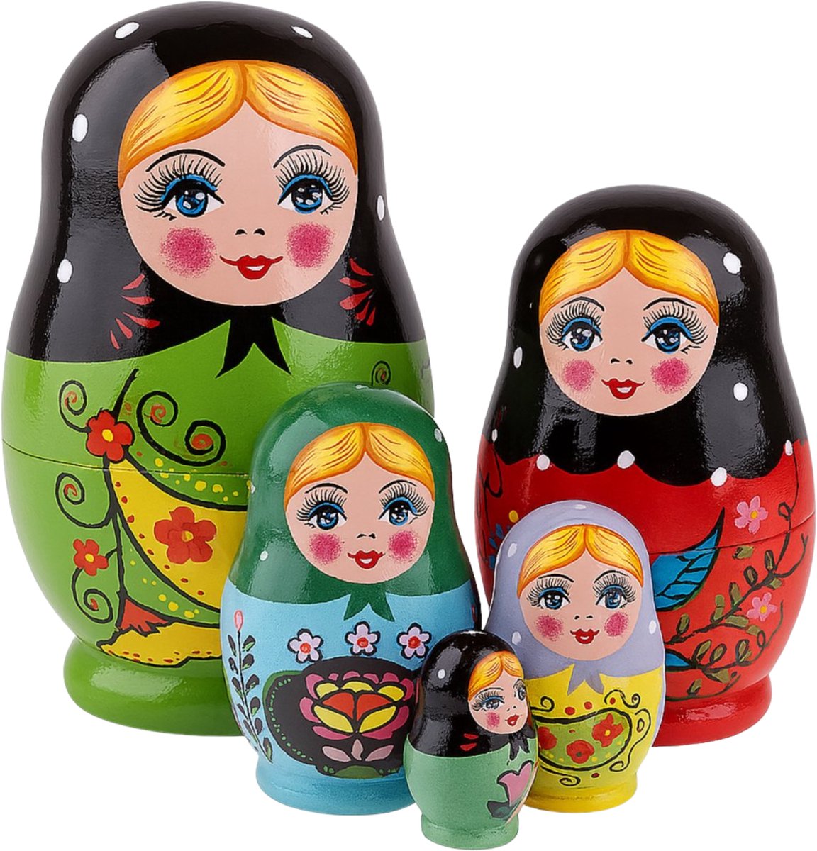 MatroesjkaFamily® Matroesjka Poppen - Klassiek - 5 Delig - Hout - Matroesjka - Nesting Dolls - Baboesjka Poppetjes Hout - Geverfd - Baboesjka - Babushka - Peg Dolls - Houtpoppetjes - Russische Poppetjes