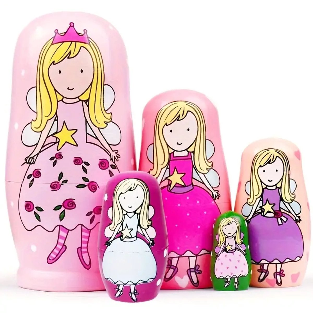MatroesjkaFamily® Matroesjka Poppen - Prinsesjes - 5 Delig - Hout - Matroesjka - Nesting Dolls - Baboesjka Poppetjes Hout - Geverfd - Baboesjka - Babushka - Peg Dolls - Houtpoppetjes - Russische Poppetjes