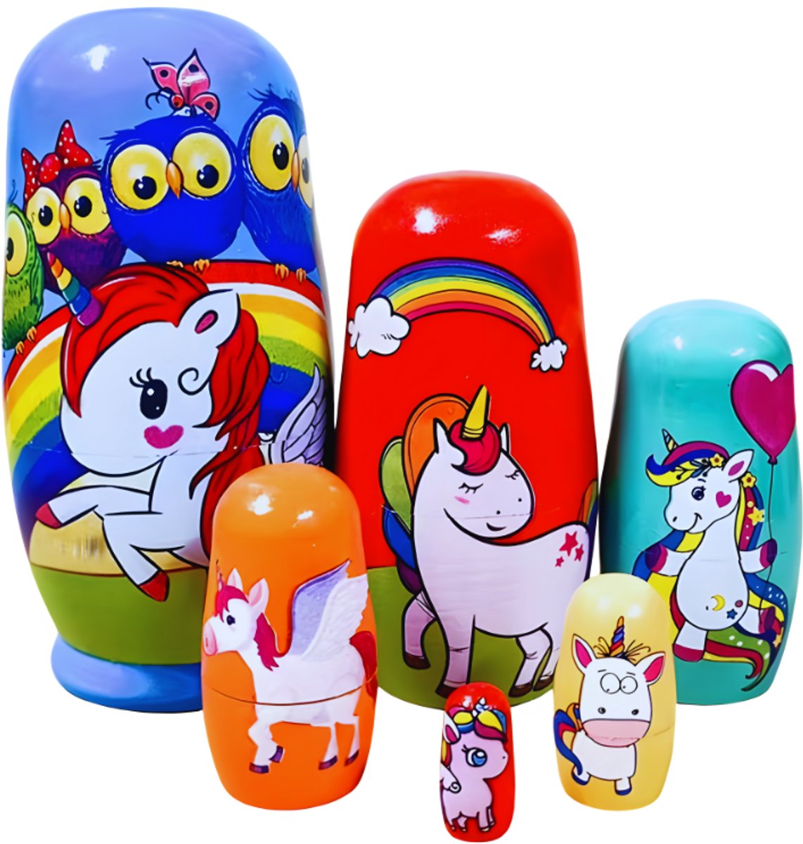 MatroesjkaFamily® Matroesjka Poppen - Unicorn - 6 Delig - Hout - Matroesjka - Nesting Dolls - Baboesjka Poppetjes Hout - Geverfd - Baboesjka - Babushka - Peg Dolls - Houtpoppetjes - Russische Poppetjes