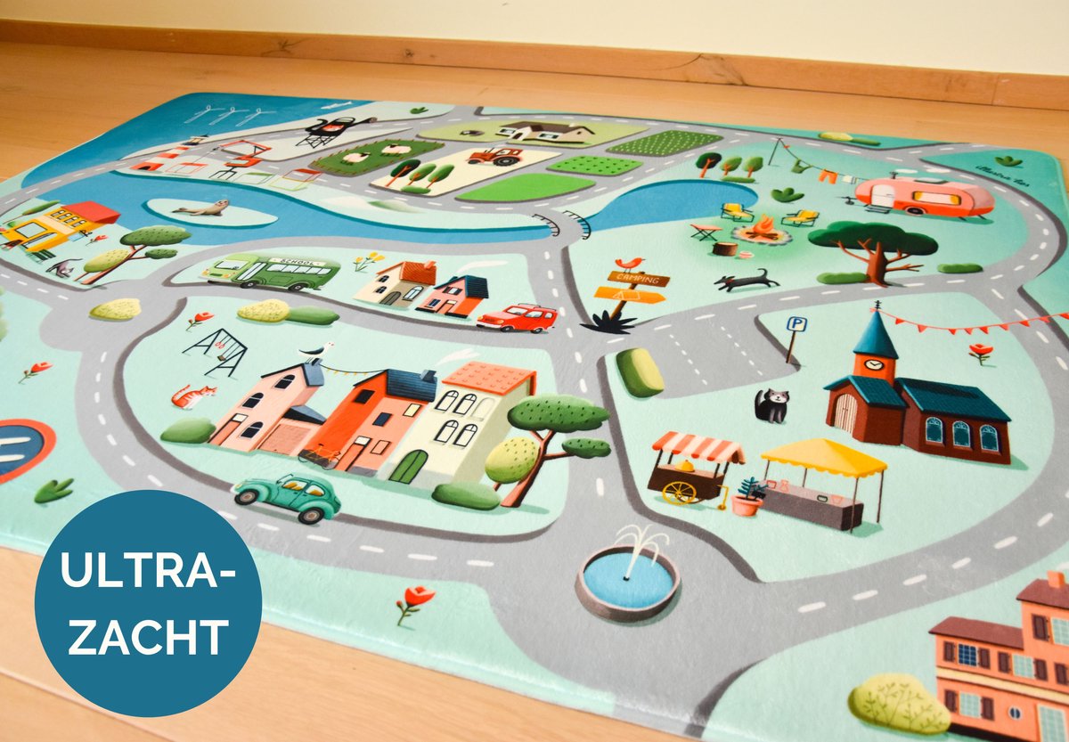 Mats & Joy® Auto Speelmat Roadtrip Grijs 130x180cm - Ultrazacht - Anti-slip - Wasbaar - Speeltapijt Baby - Speelkleed - Speelmat Auto Kinderen - Autokleed