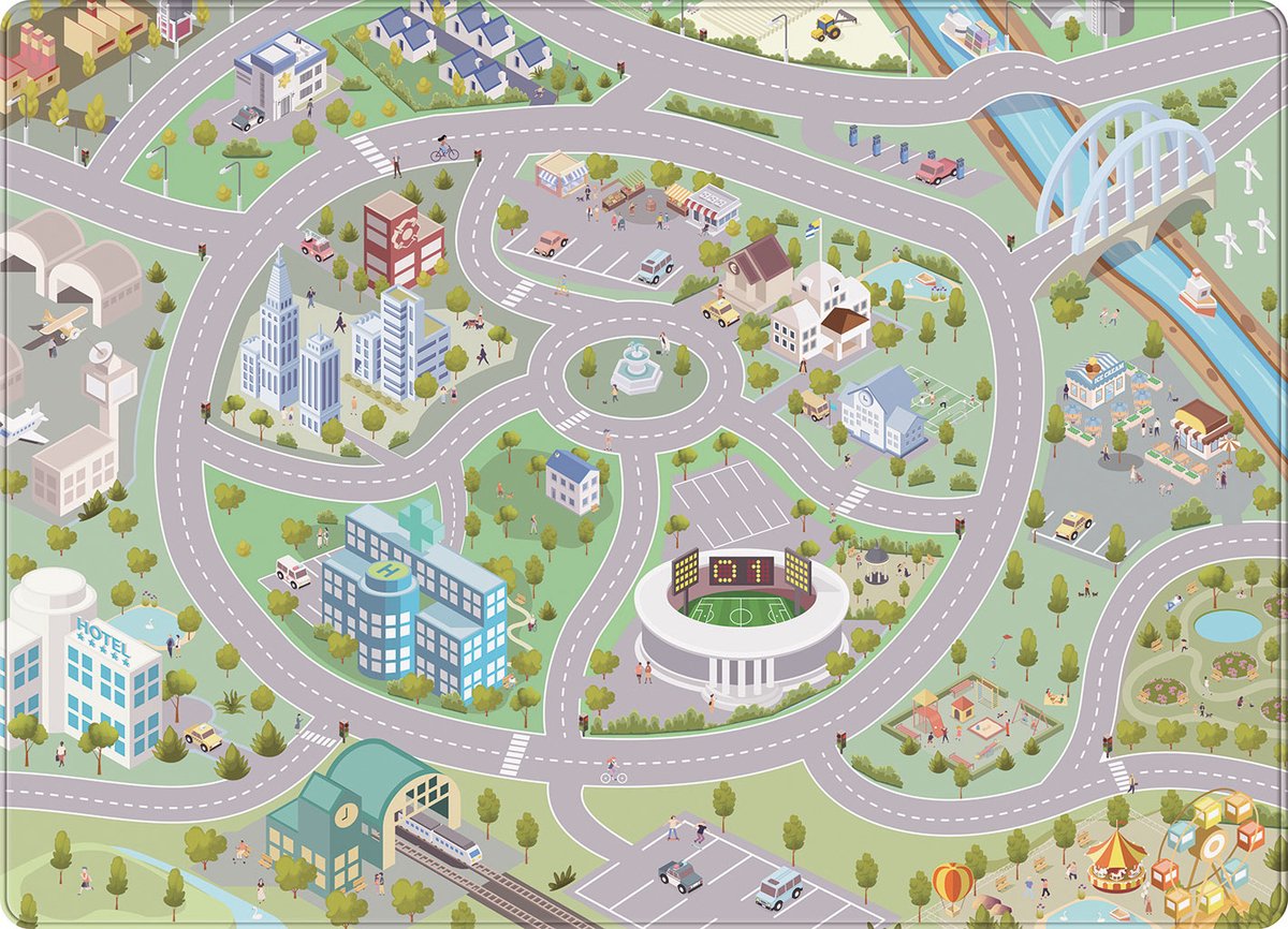 Mats & Joy® Auto Speelmat Town Life 130x180cm - Wasbaar - Fluweelzacht - Anti-slip - Groot Auto Speeltapijt Kinderen - Speelkleed Baby - Autokleed