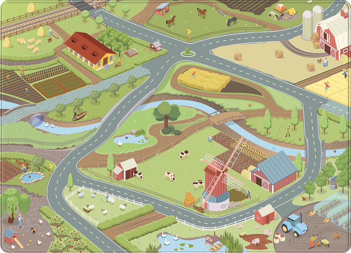 Mats & Joy® Boerderij Auto Speelmat 130x180cm – Fluweelzacht - Wasbaar - Anti-Slip – Speelkleed Baby - Speeltapijt Kinderen - Speelkleed Autokleed