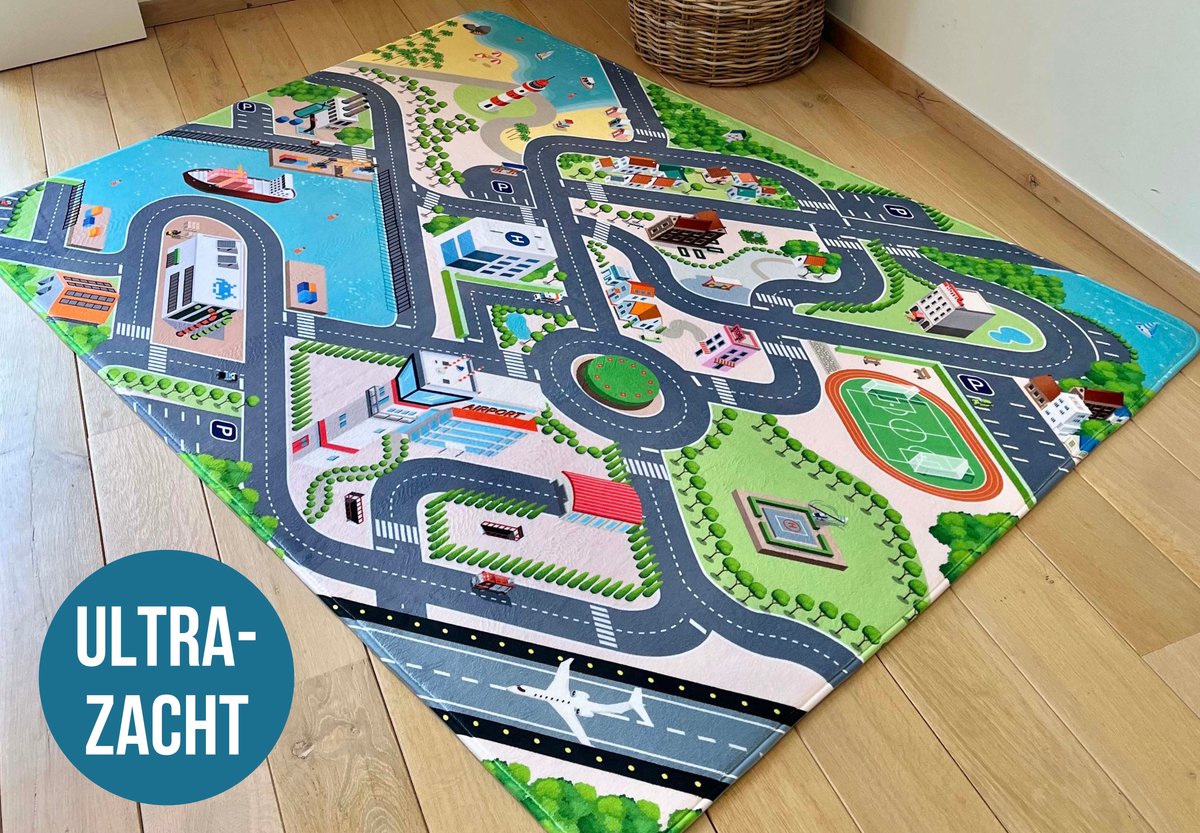 Mats & Joy® City Auto Speelmat 110x170cm - Fluweelzacht - Anti-slip - Wasbaar - Groot Auto Speeltapijt Kinderen - Speelkleed Baby - Autokleed