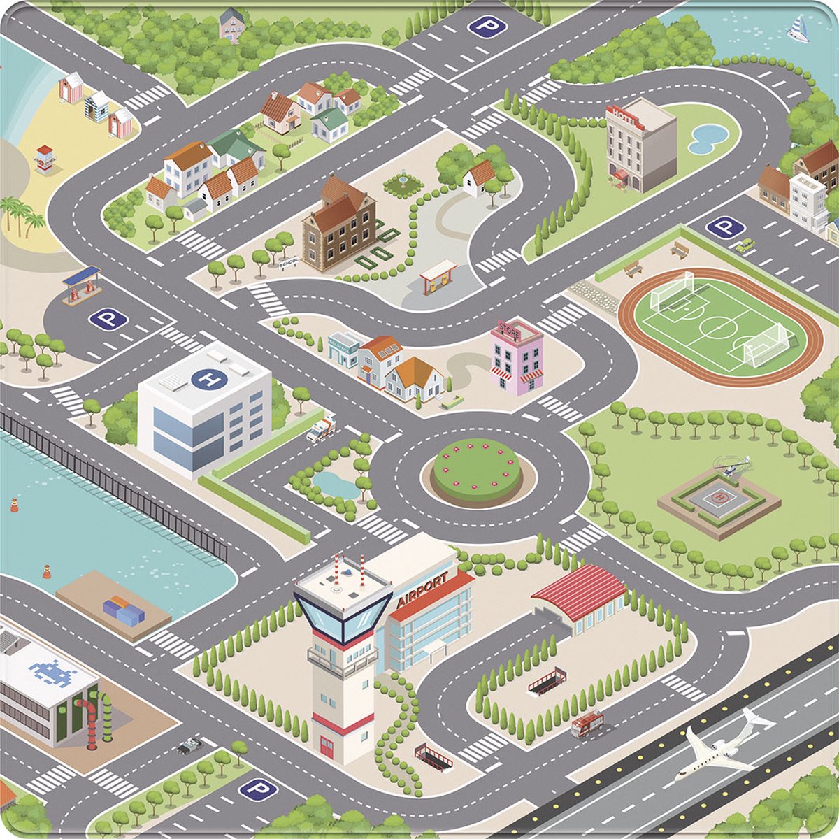 Mats & Joy® City Auto Speelmat Kinderen 130x130cm - Fluweelzacht - Anti-slip - Wasbaar - Auto Speeltapijt Kinderen - Speelkleed Baby - Autokleed