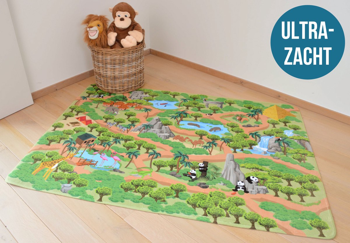 Mats & Joy® Jungle Speelmat Safari 110x170cm - Fluweelzacht - Anti-slip - Wasbaar - Speelmat Baby - Speelkleed Auto - Speeltapijt Kinderen Jungle - Autokleed