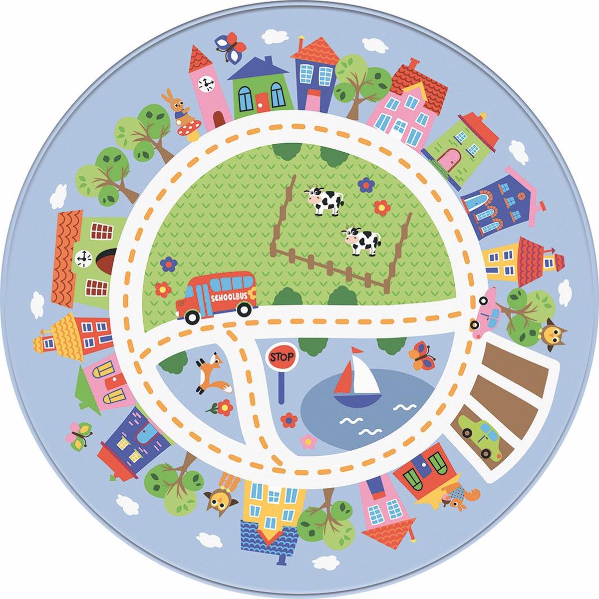 Mats & Joy® Ronde Auto Speelmat Ø 130cm - Fluweelzacht - Anti-slip - Wasbaar - Lichtblauw Auto Speeltapijt Kinderen - Rond Speelkleed Baby - Autokleed