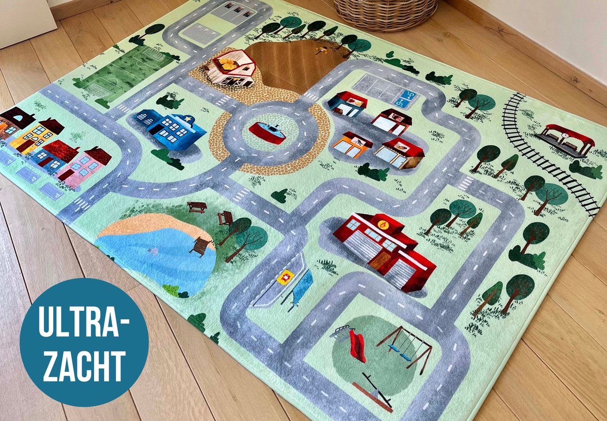 Mats & Joy® Village Auto Speelmat 130x180cm - Fluweelzacht - Anti-slip - Wasbaar - Groot Auto Speeltapijt Kinderen - Speelkleed Baby - Autokleed