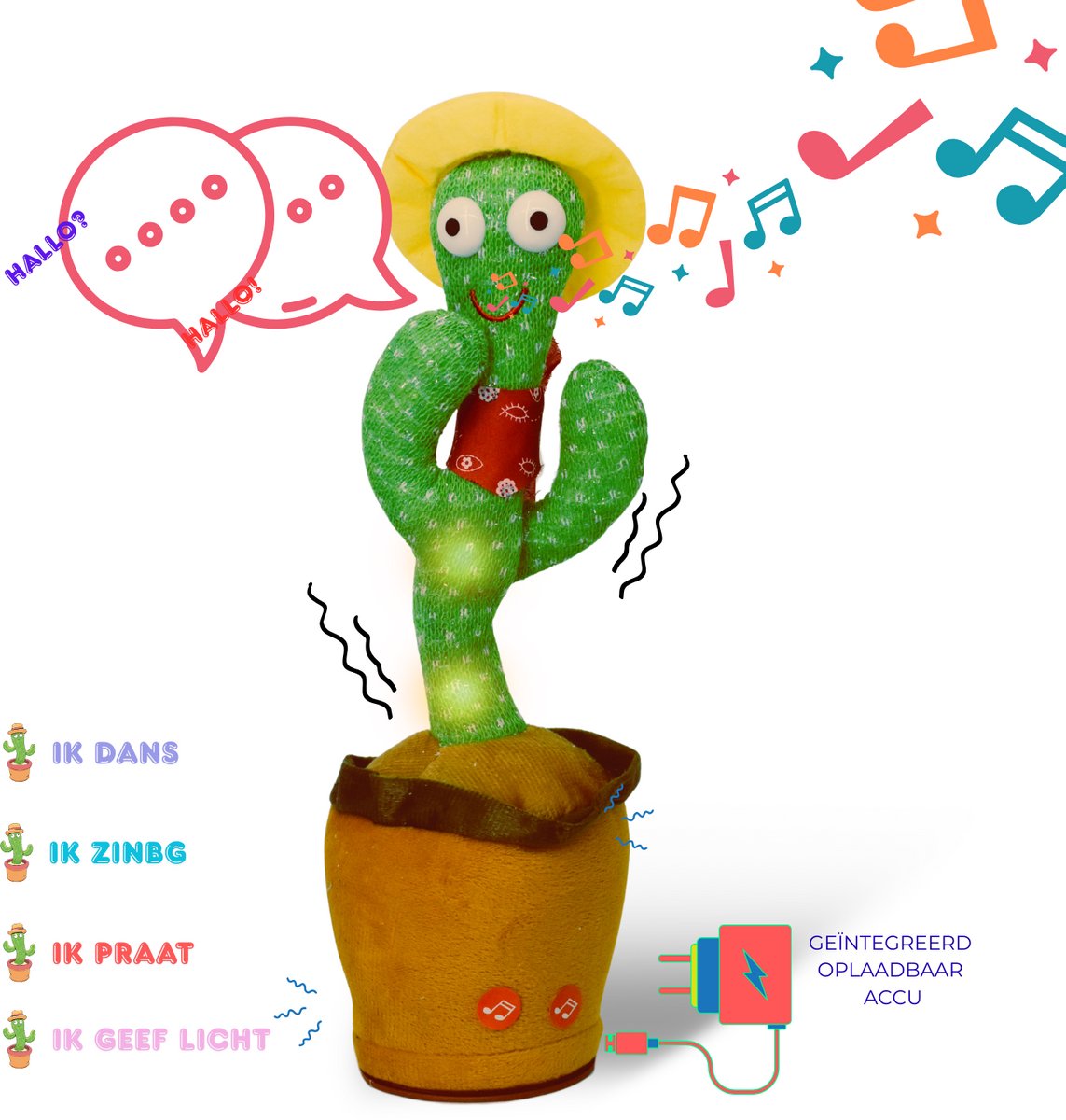 Maxenza Dansende cactus - Pratende Cactus - Dancing Cactus Speelfiguur – 120 Liedjes - Geeft Licht - USB Oplaadbaar – Dansen, Zingen, Praten & Licht – Inclusief USB Kabel – 6M+ - Geel Petje