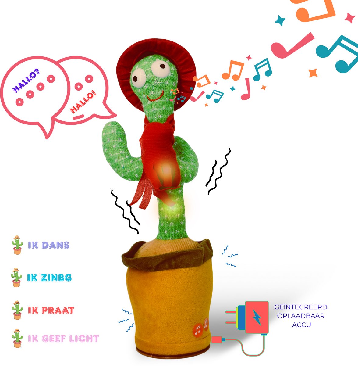 Maxenza Dansende cactus - Pratende Cactus - Dancing Cactus Speelfiguur – 120 Liedjes - Geeft Licht - USB Oplaadbaar – Dansen, Zingen, Praten & Licht – Inclusief USB Kabel – 6M+ - Rood Petje